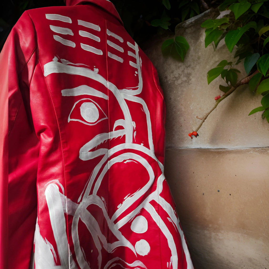 Red leather rock painter woman's jacket